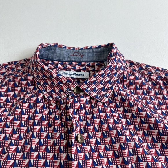 Tommy Bahama Camp Shirt Pacific Geos Java Red White Blue Triangle Silk‎ Large - Picture 4 of 8